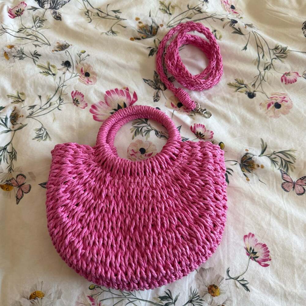 Hot Pink Straw Handbag Woven Tote Bag Summer Beach Crossbody Purse for Vacation